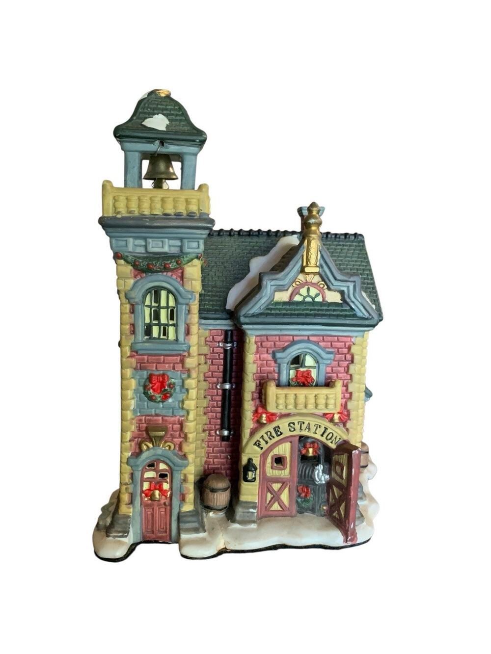 Christmas House Village Fire Station Holiday Ceramic Building Fireman Red Brick
